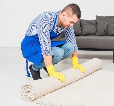 "Professional cleaner wearing gloves and an apron, rolling up a large carpet in a modern living room. Deep cleaning and carpet care service concept."