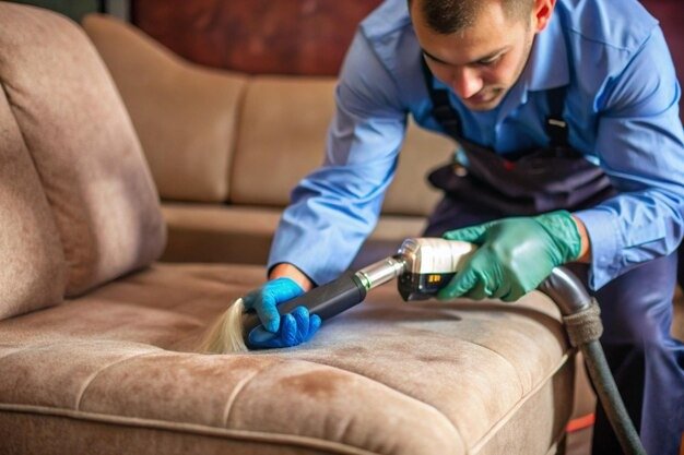 a man cleaning Sofa with instrutment