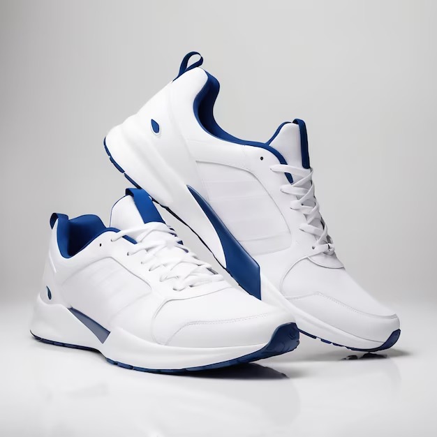 a pair of white and blue shoes dry clean